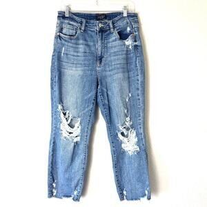 Judy Blue Straight Leg Cropped Distressed Blue Jeans Size 30